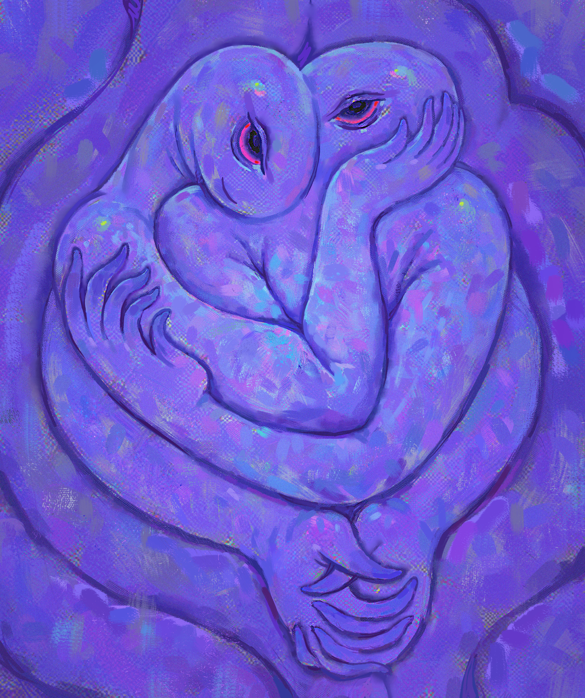 Two figures with lavender-colored skin embracing.