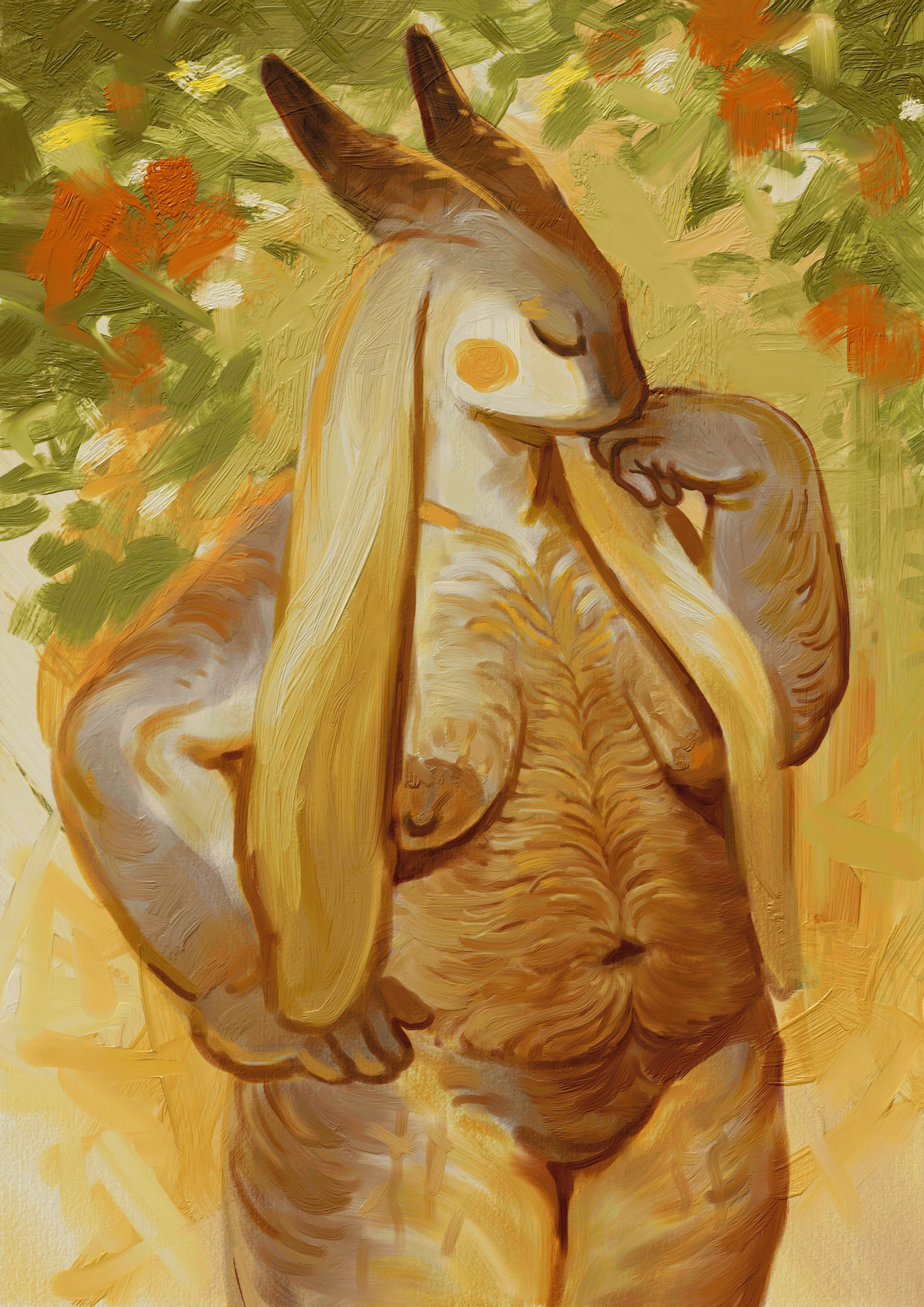 Nude portrait of an anthropomorphic goat.