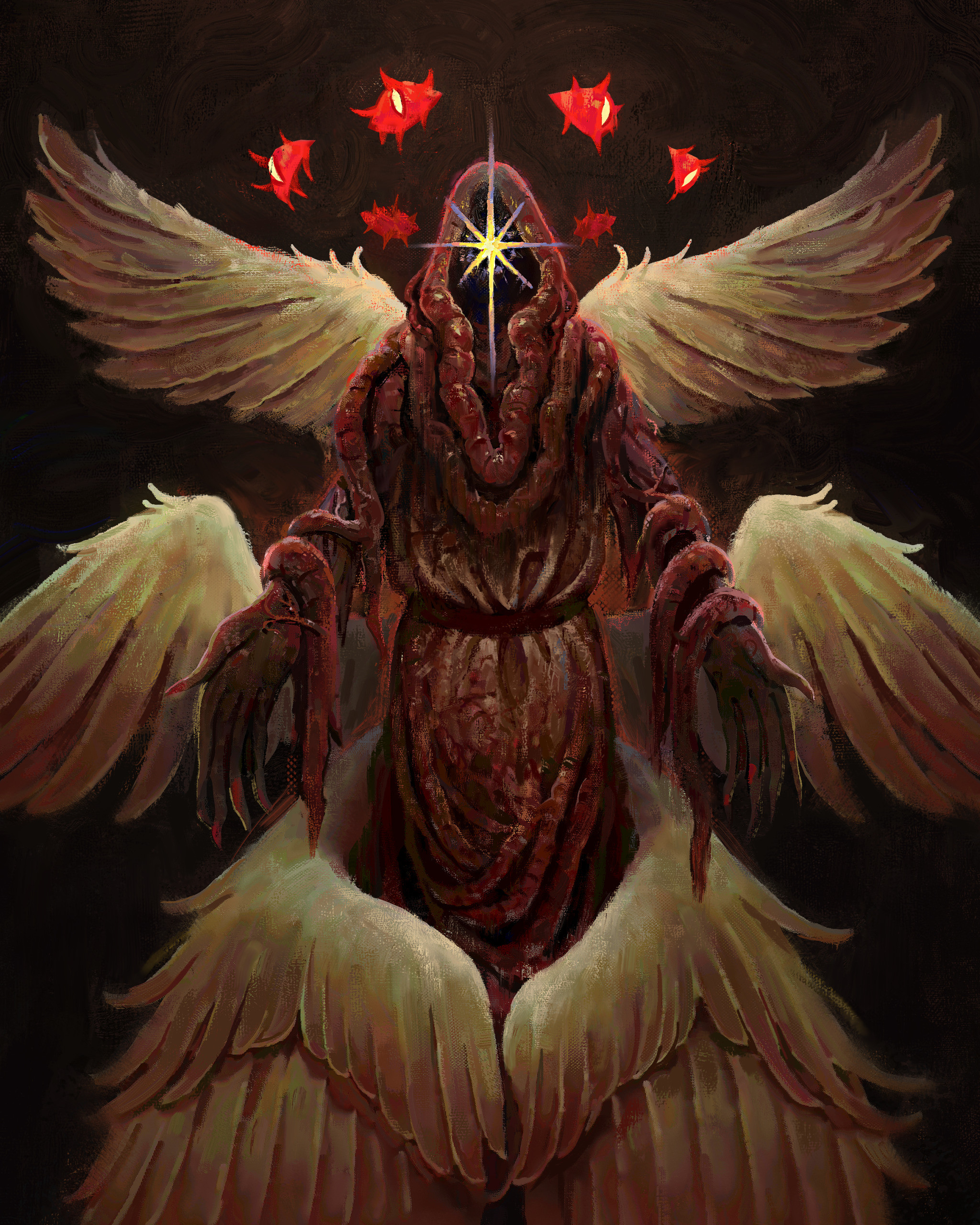 Angel with 3 pairs of wings and a halo made out of red eyes.