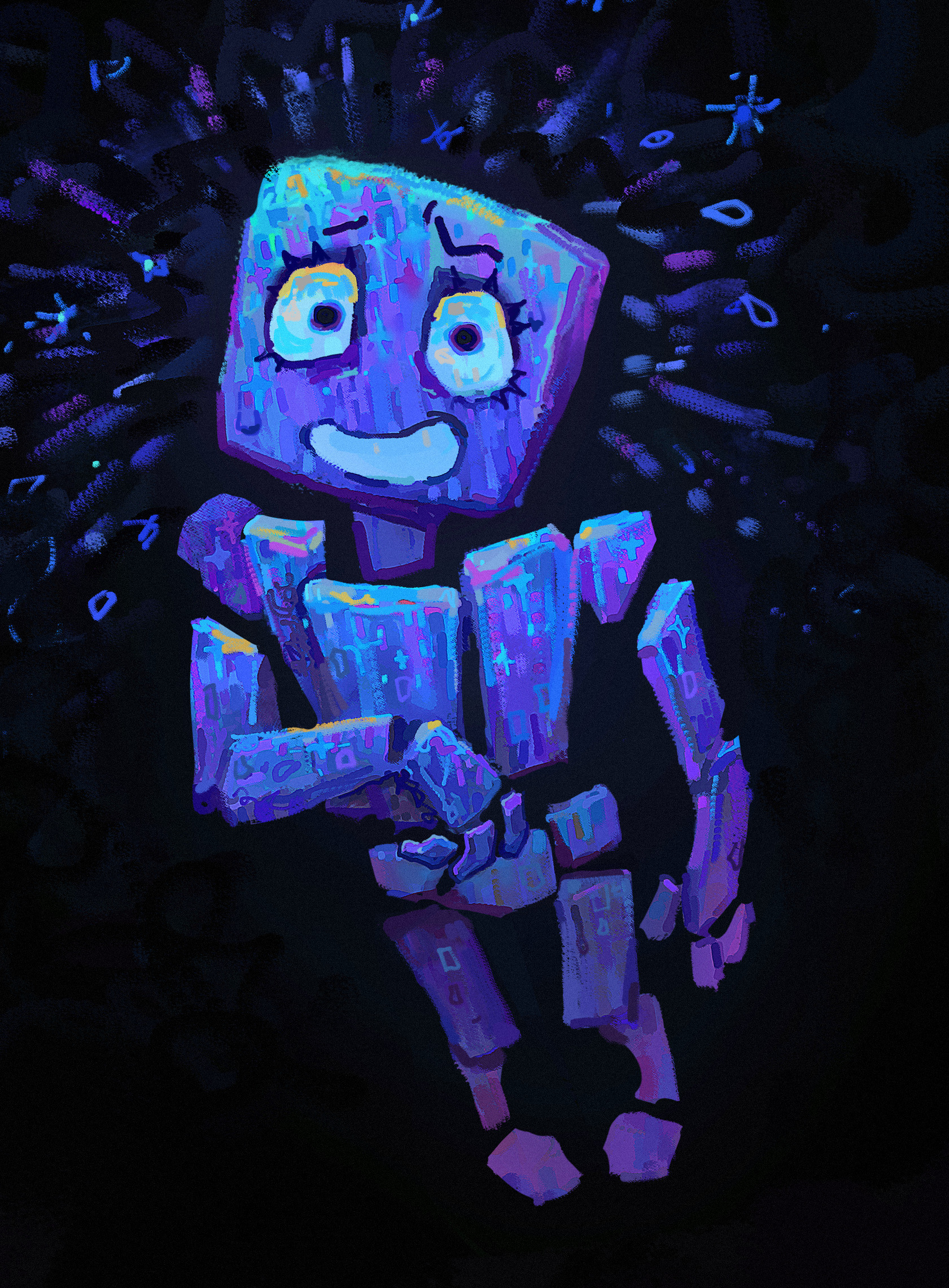 A humanoid character made out of blue rectangular shapes.