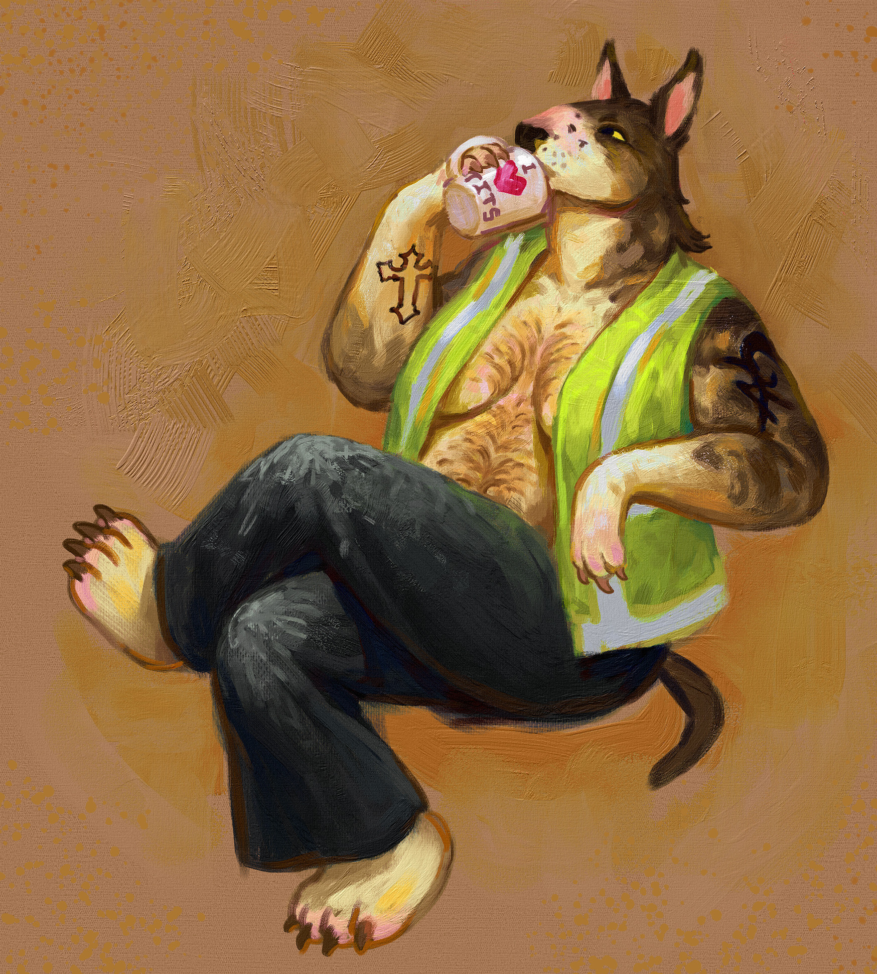 An anthropomorphic dog wearing a hi-vis vest and drinking from a cup.