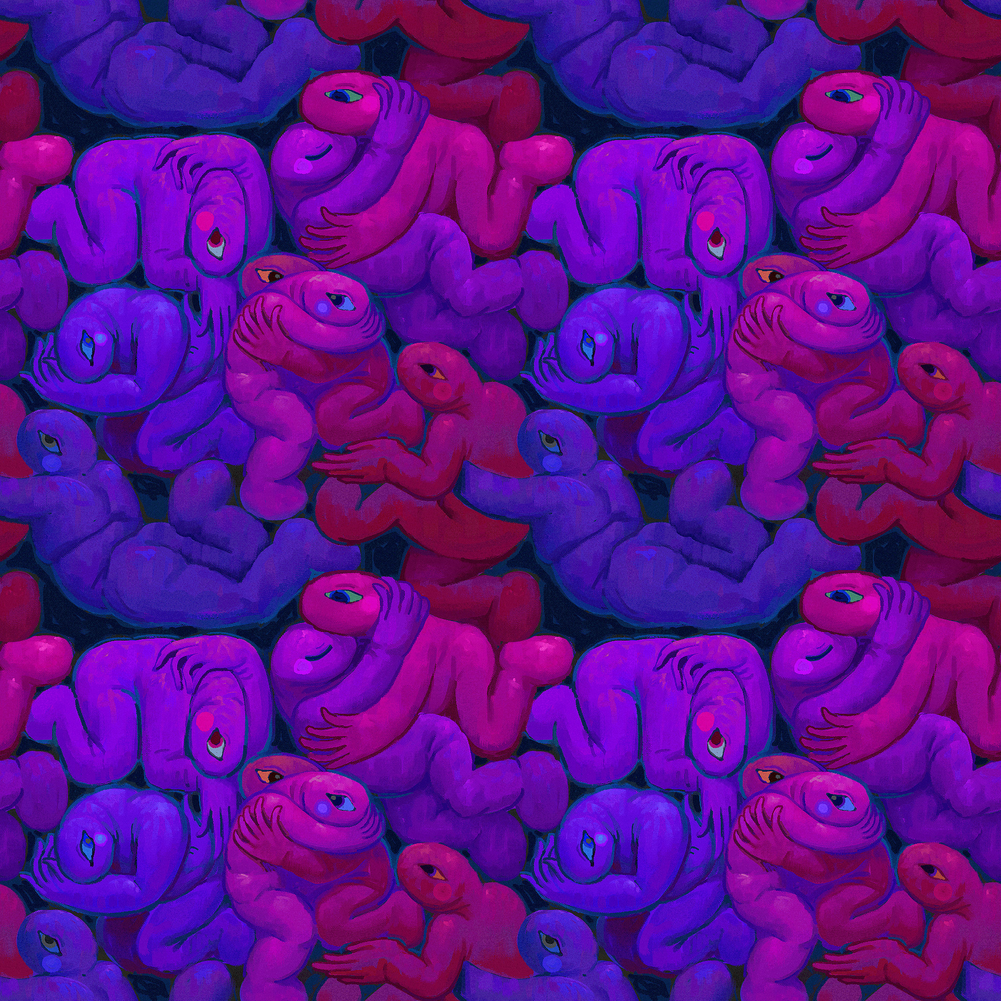 A seamless pattern of creatures embracing each other.