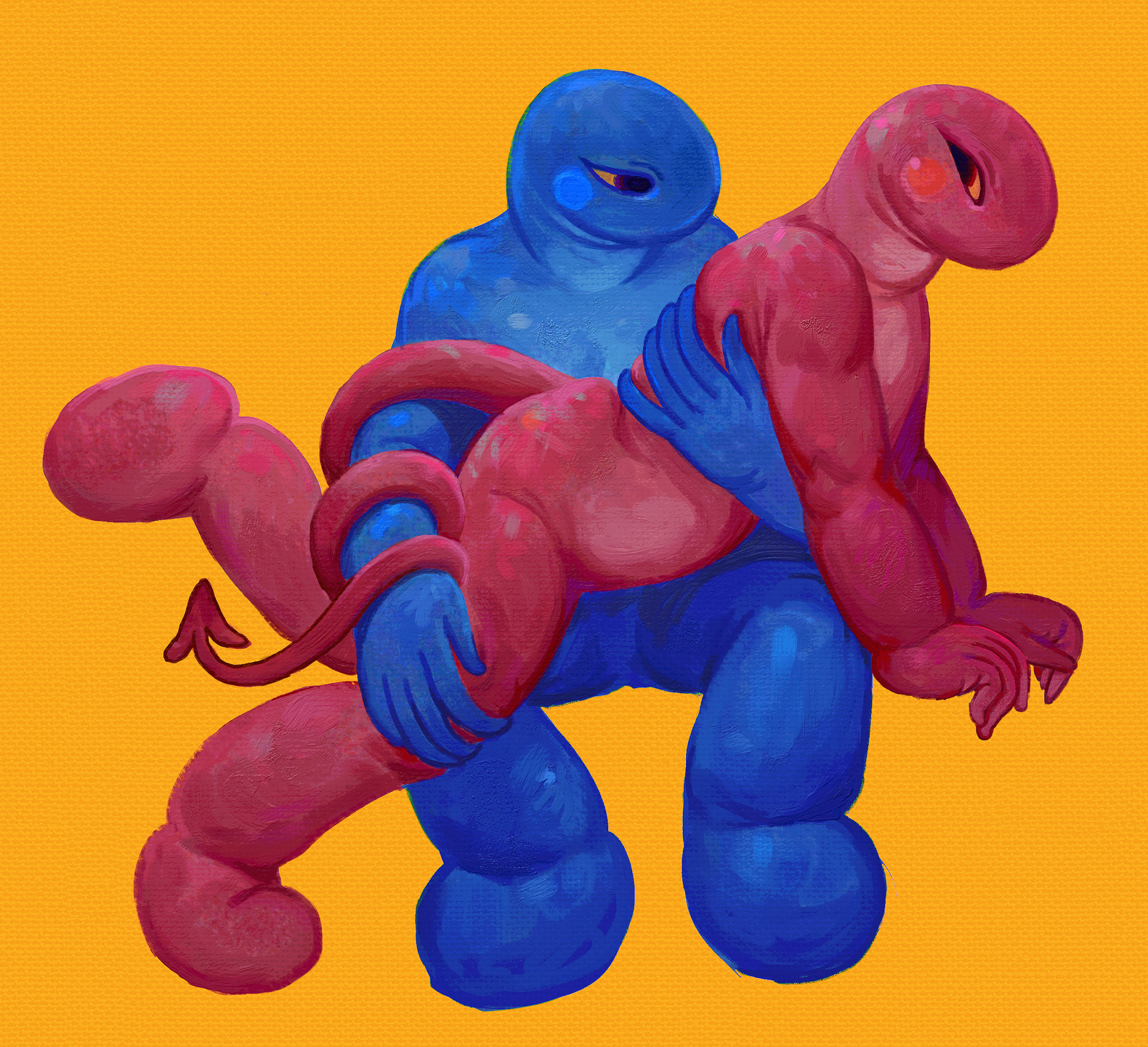 Two humanoid creatures embracing. One is curling their long tail around the arm of the other.