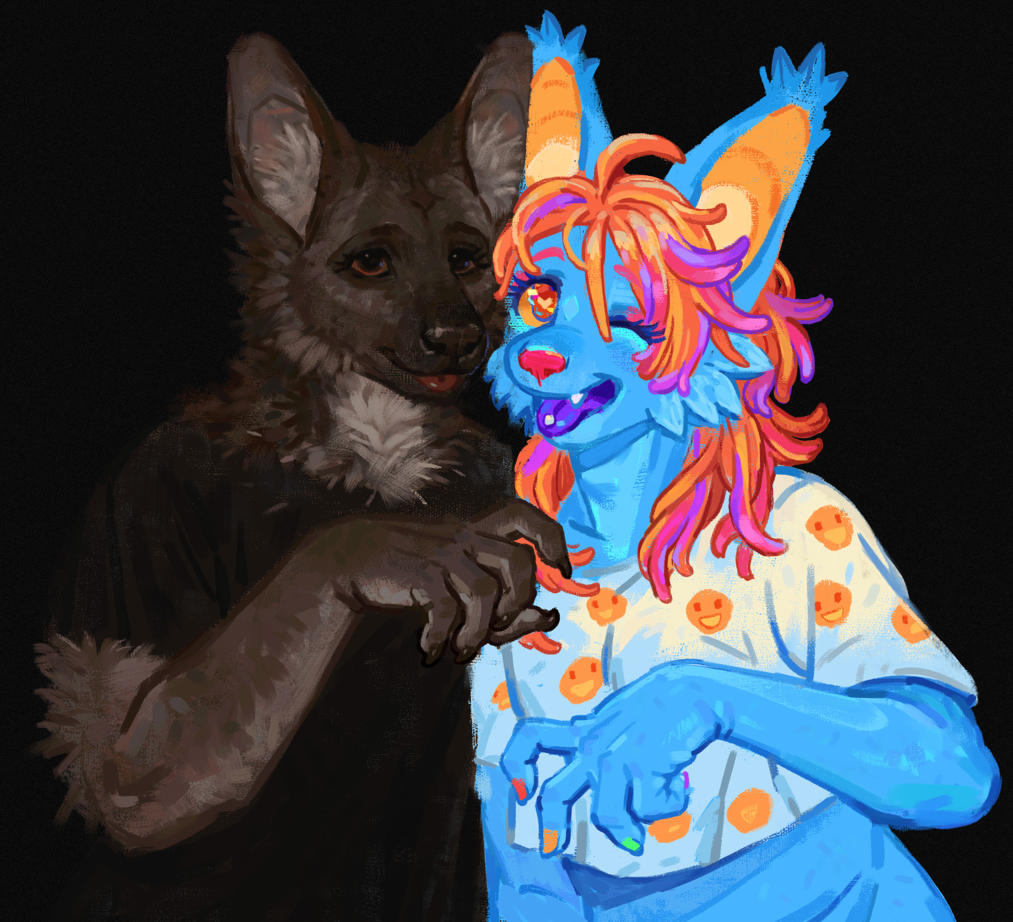 Anthropomorphic character with a natural fur color, and a character with a brightly-colored design.