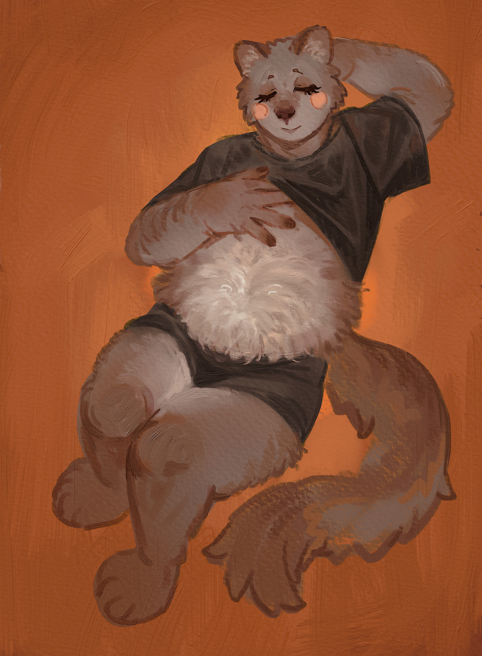 An anthropomorphic character exposing their fluffy stomach.