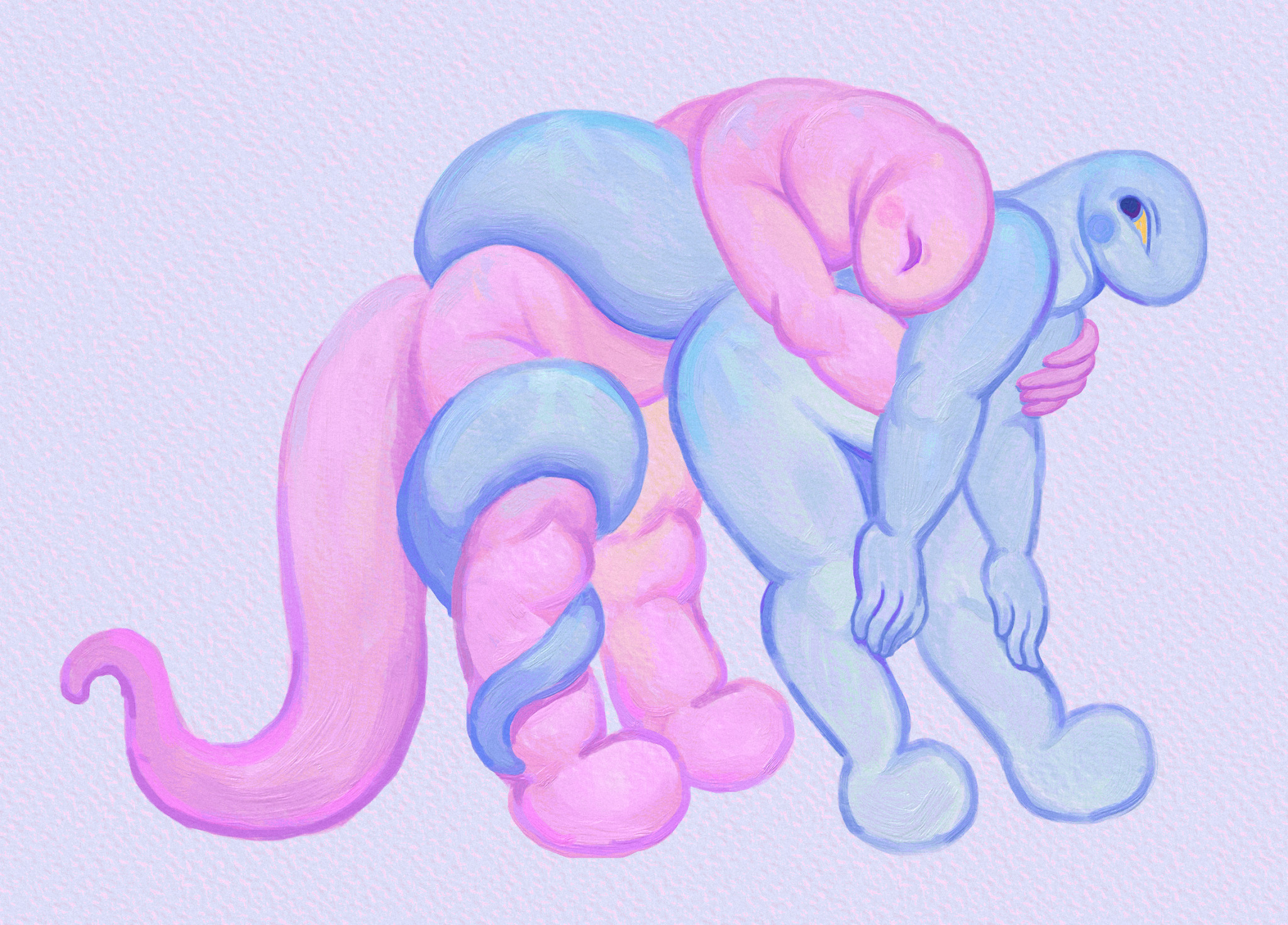 Two brightly-colored creatures hugging.