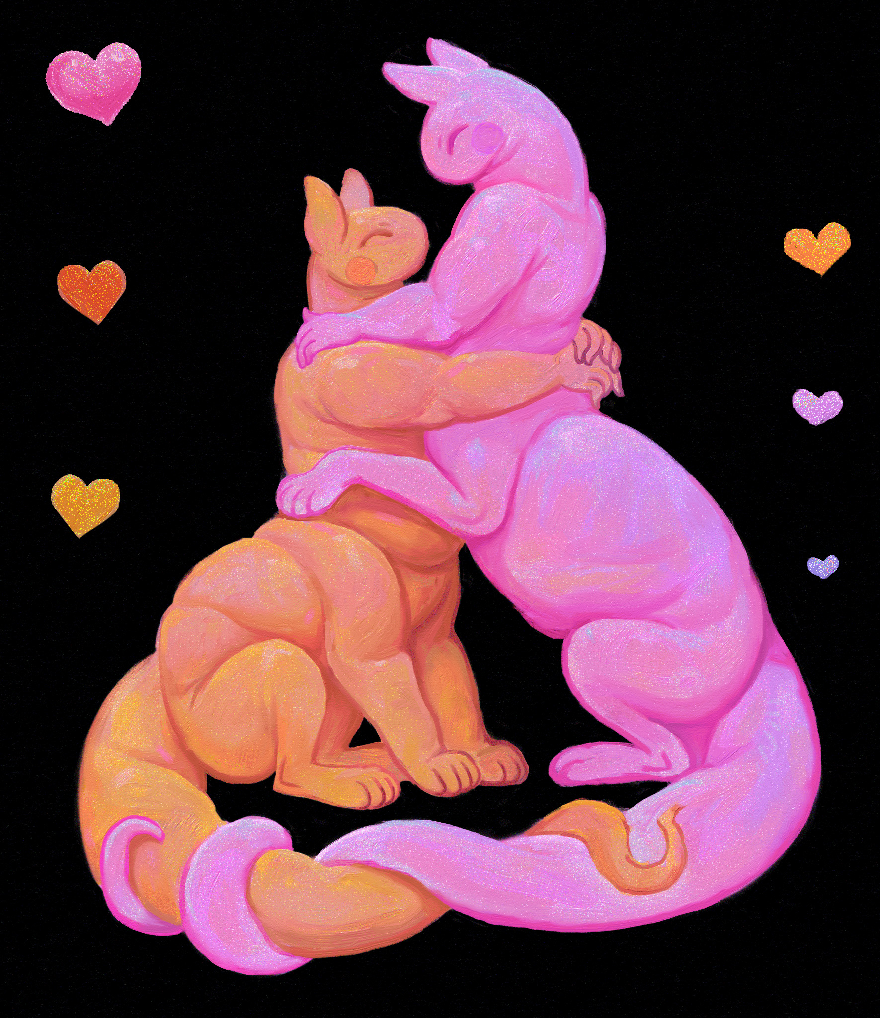 Two taurs embracing each other.