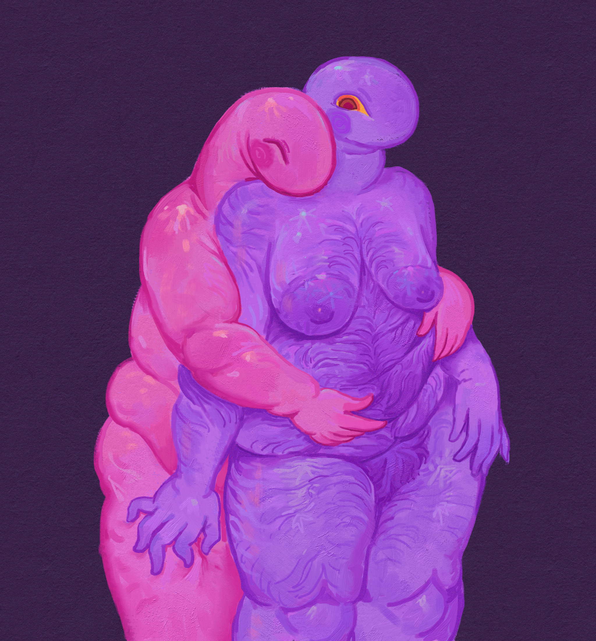 An anthropomorphic creature hugging another creature from behind, and grabbing their stomach.