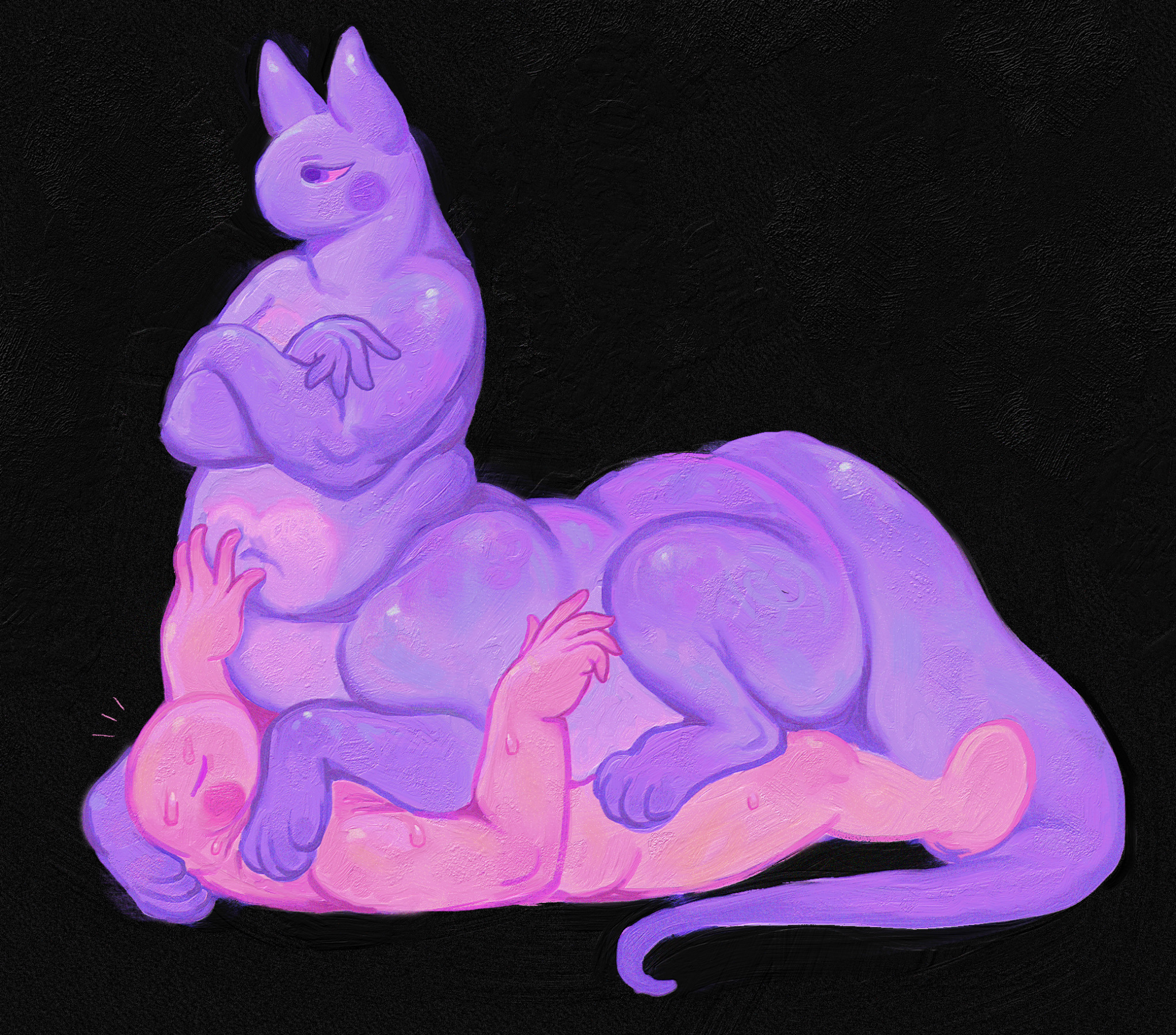 A taur laying down on top of an anthropomorphic creature.