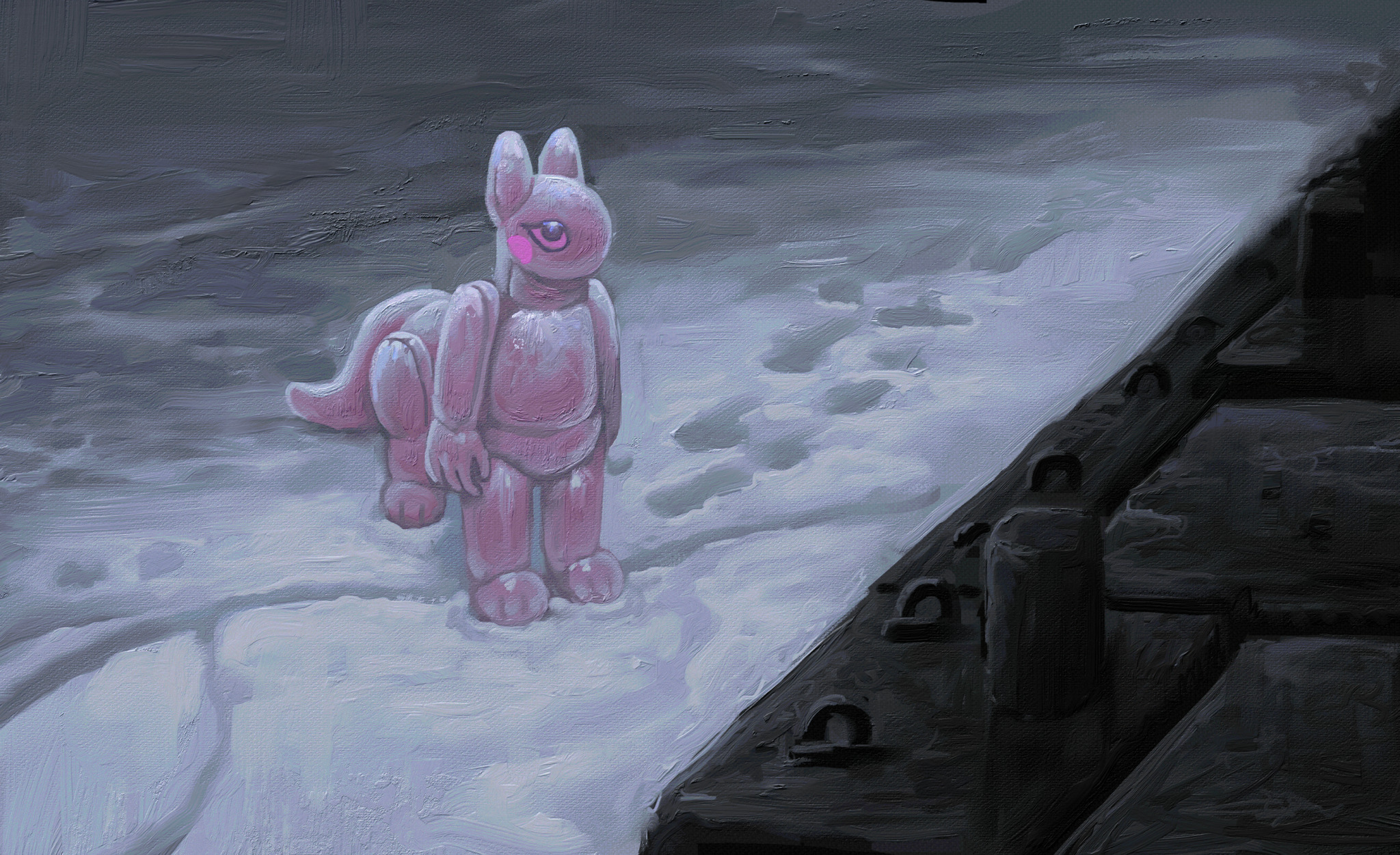 A pooltoy taur standing in a snowy scenery.