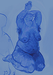 Nude portrait of a humanoid creature with blue skin.