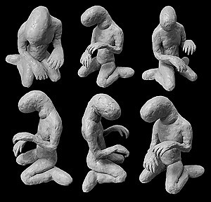 Clay figurine photographed from different angles.