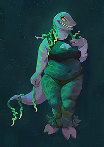 An anthropomorphic reptilian character with a toothy smile.