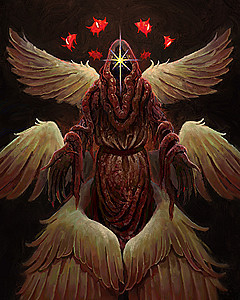 Angel with 3 pairs of wings and a halo made out of red eyes.