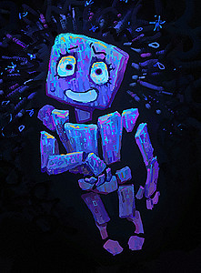 A humanoid character made out of blue rectangular shapes.