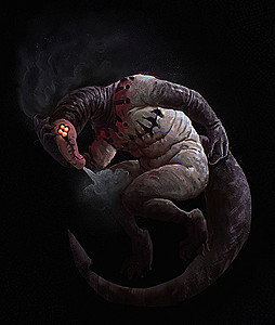 A humanoid creature exhaling smoke.