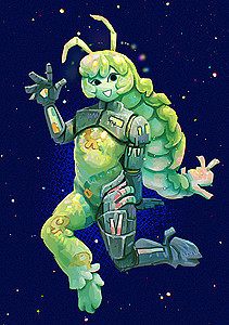 A humanoid creature with translucent green skin and robotic parts.