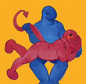 Painting depicting two humanoid creatures. One is tugging on the long tail of the other creature.