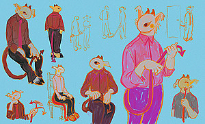 Several different paintings depicting a character interacting with their tail.