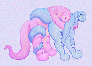 Two brightly-colored creatures hugging.