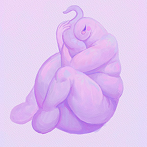 A humanoid creature hugging its own tail.