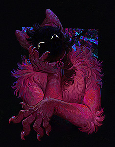 Anthropomorphic character with red fur and a dark featureless face.