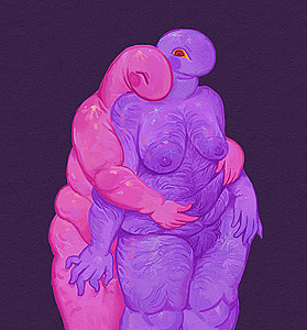 An anthropomorphic creature hugging another creature from behind, and grabbing their stomach.