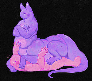 A taur laying down on top of an anthropomorphic creature.