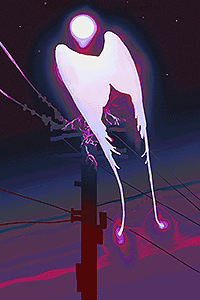 A creature of light that looks like a floating orb and a pair of wings. It is sitting on an electric pole and tendrils can be seen underneath it.