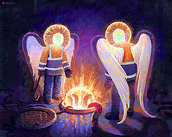 Two angels in workers uniforms standing near a manhole opening. There's radiance and tendrils coming from the inside of the opening.