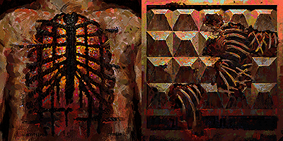 Two paintings next to each other. The left painting depicts a human ribcage with radiance from within, and iron armatures in the place of ribs. The right picture shows a concrete wall with bones and flesh seen from within.