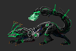 Quadrupedal character that is made out of wires. On the side of their body they have something that looks like a metal heart. Their tail looks like an ethernet wire and is tied with two green zip ties.