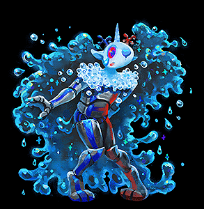 Anthropomorphic robot character with blue and red stripes running along each side of their body. They have water coming out from their head that looks like hair, and their neck has the texture of foam.