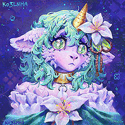 Portrait of an anthropomorphic sheep. In their hair, they have a big flower that is tied with a rope, and several smaller flowers scattered throughout. They are wearing a golden collar and a gown with a big flower in the front.