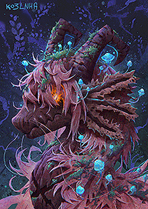 Portrait of a dragon with a glowing orange eye. The character has a wooden skin texture, and there are blue mushroom and moss growing on the hair and skin of the character.