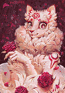Portrait of an anthropomorphic cat holding a red rose. There are several more roses around the character.