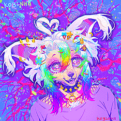 Portrait of a colorful anthropomorphic dog. The character white hair with rainbow-colored ends and various colorful accessories.