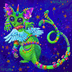 A sphinx cat with bright green skin sitting with their back turned to the viewer. The character has big ears, a rainbow horn, a long, 2-pronged tail, small white wings and small arms growing out from the ears. The character is decorated with a wide variety of colorful accessories.