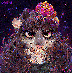 A portrait of a ferret character with short dark horns and long wavy hair, wearing a crown with gold trimming. The character is smiling wide and has sharp teeth.