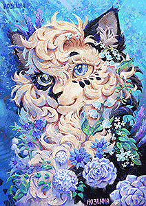 Portrait of a fluffy cat. There are various flowers of differing shapes, size, and color woven into the fur, such as roses, lilacs, and lily of the valleys.