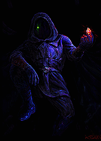 A hooded man with a glowing green eye sits leaning on his knee and holding a red gem in his hand.