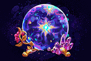 A dark purple orb emitting magical patterns of various colors. It has golden animal-shaped legs, with pink crystals on one side and a plant pattern with red berries on the other side.
