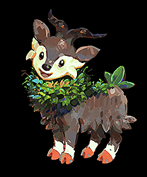 A small goat with foliage on its body, head tilted and smiling.