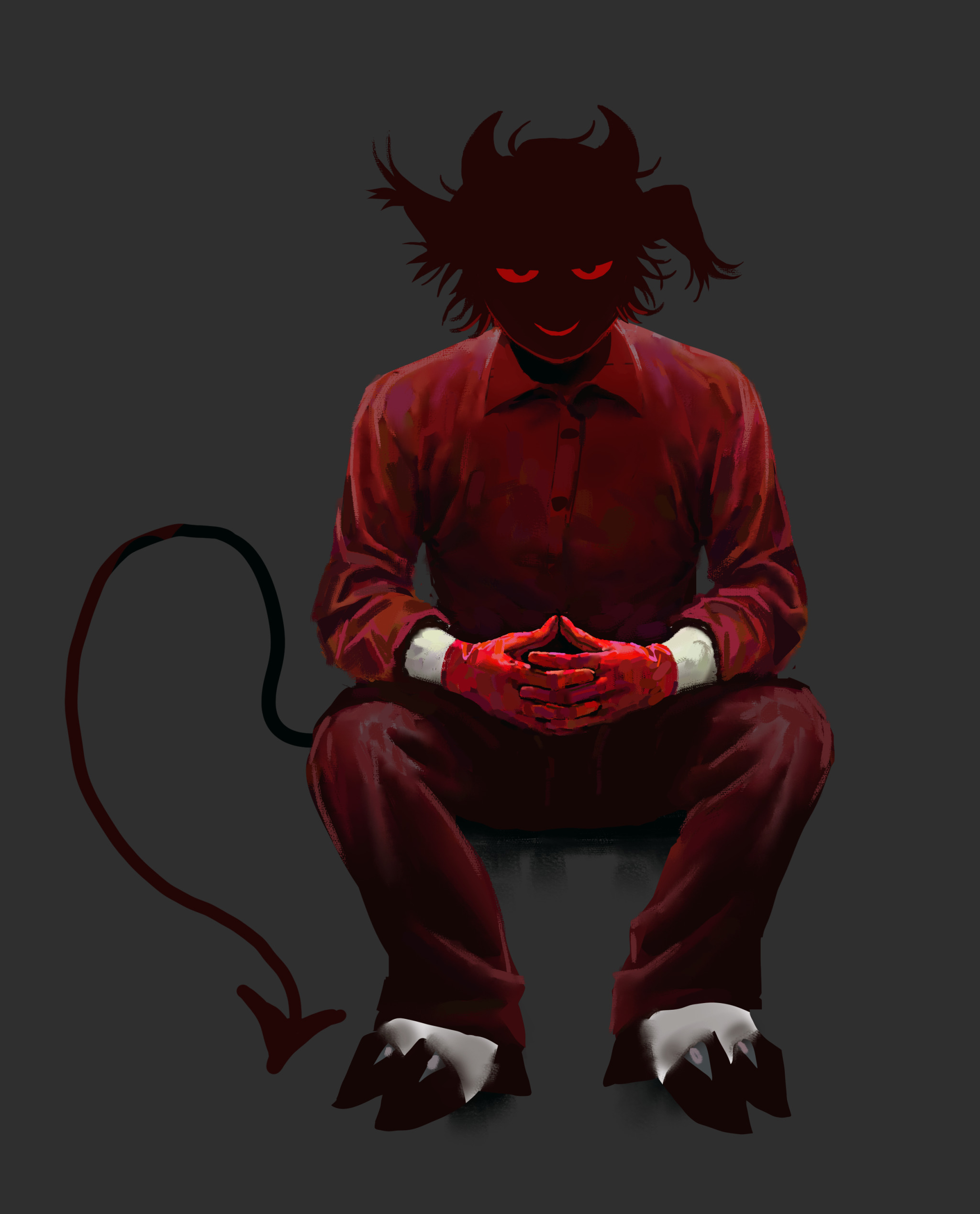 Anthropomorphic goat dressed in a red shirt, pants, and gloves, sitting down.