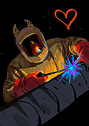 Painting depicting a welder in a mask and a fullbody yellow suit and red gloves. There is a red heart drawn on the top right corner.