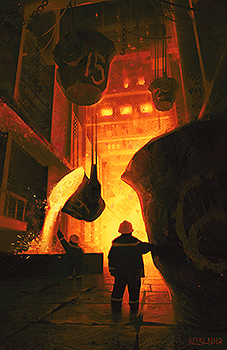 Digital painting of a metallurgical factory illuminated by bright orange lights. On the foreground, there is a worker leaning on a metallurgical ladle. On the background, there is a worker pouring hot metal. Above them, there are two more ladles.