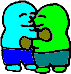 Two brightly-colored characters hugging.