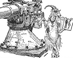 Pencil drawing of a goat reading a newspaper and leaning against an artillery gun.