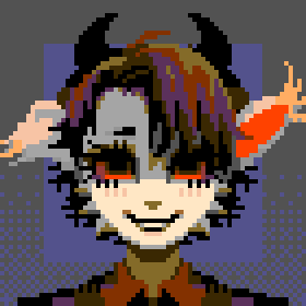 Pixel art of an anthropomorphic goat smiling, blinking, and looking at the viewer